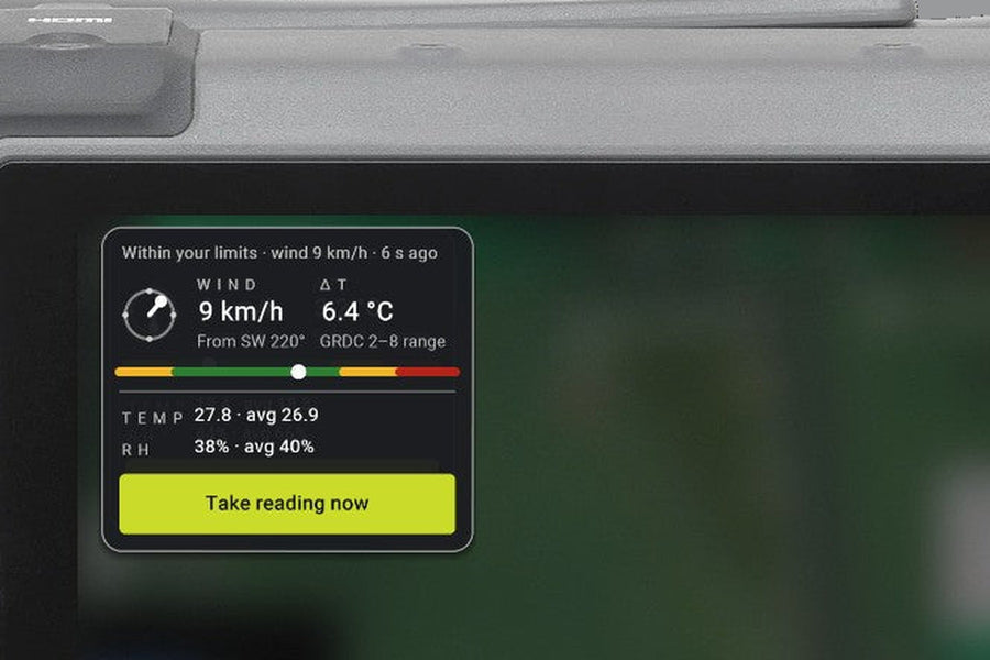 AgDrone Connect weather overlay on the Agras controller. Wind, Delta T, temperature and humidity from a Kestrel meter.