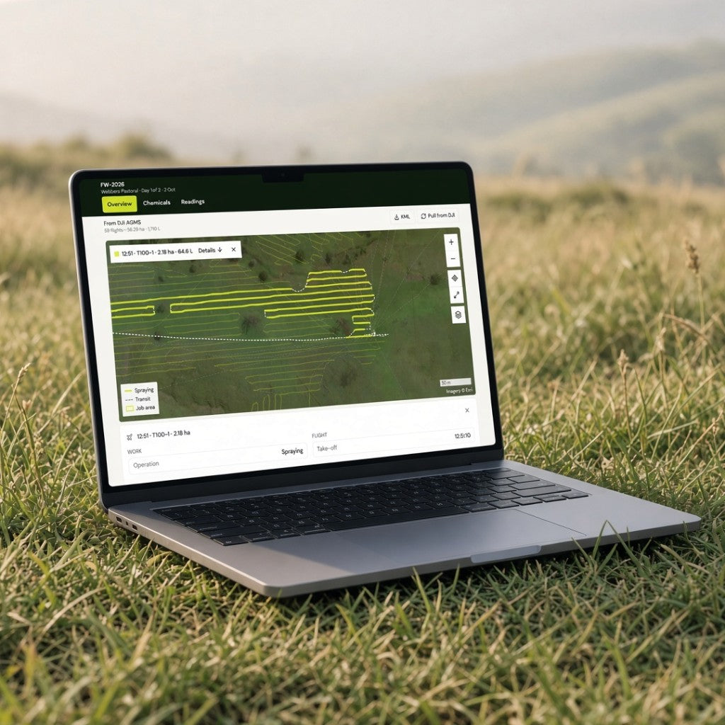 Command on a laptop in the paddock. Spray job, hectares, and the flight path.