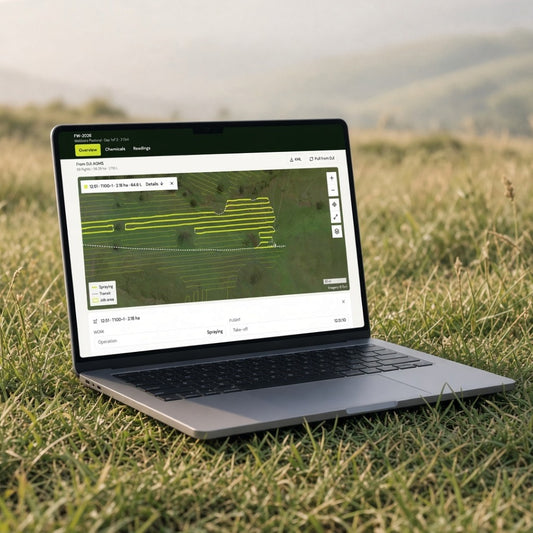 Command on a laptop in the paddock. Spray job, hectares, and the flight path.