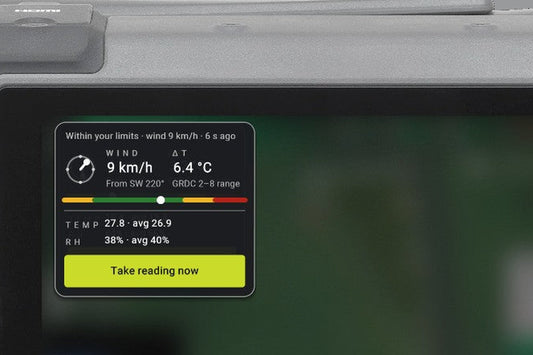 AgDrone Connect weather overlay on the Agras controller. Wind, Delta T, temperature and humidity from a Kestrel meter.