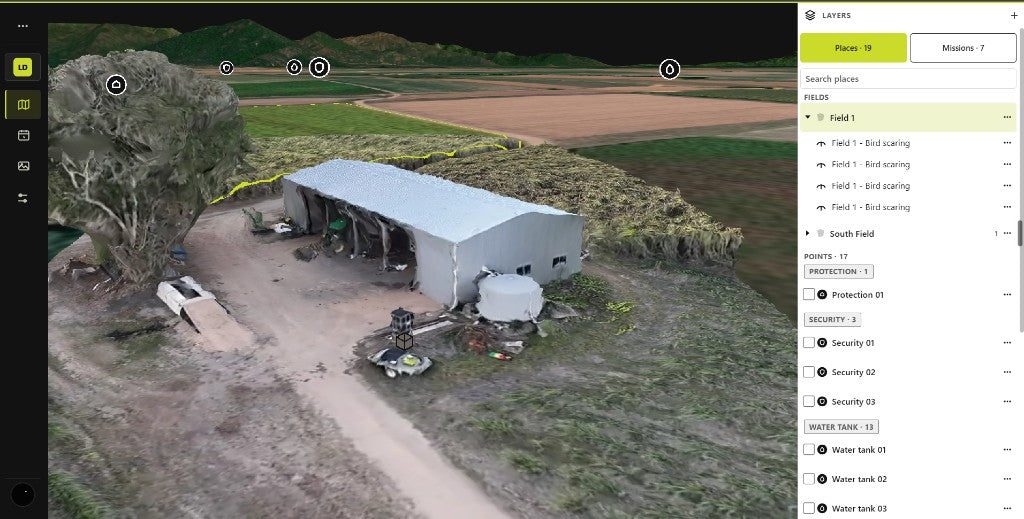Landmapper view of a farm yard with fields and missions
