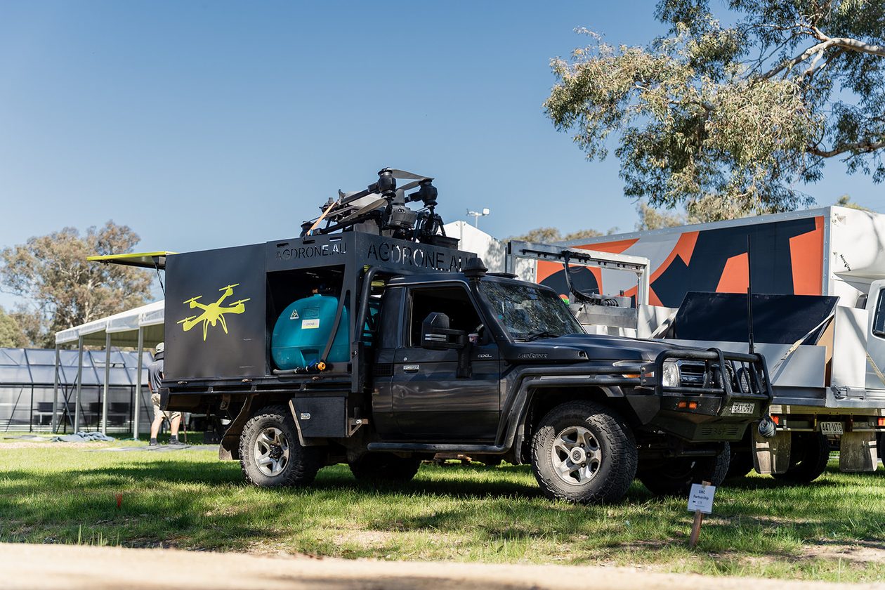 The AgDrone ute with the spray tank and aircraft on the canopy